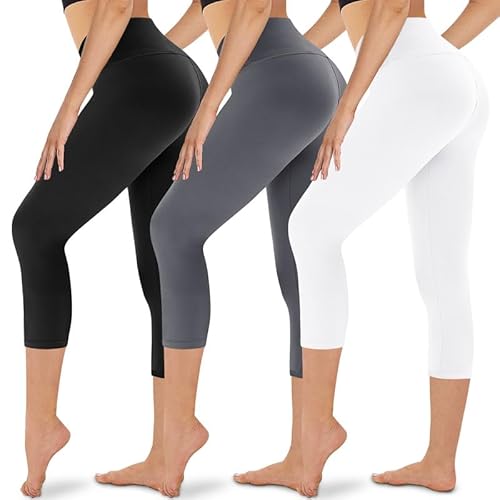 Gayhay Capri Leggings Damen 3/4 Sport Leggins High Waist Blickdicht Schwarze für Damen Kurze Shape Yogahosen Laufhosen Sommer 3er Pack(S-M,Schwarz+Weiß+Grau) von Gayhay