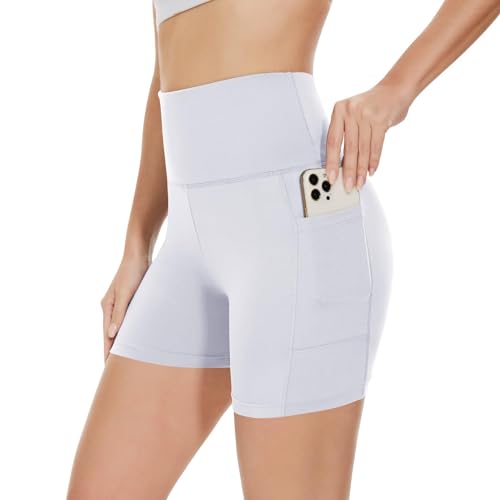 Gayhay Radlerhose Damen High Waist mit Taschen Shorts Hotpants Kurze Leggings Unterhose Boxershorts Bauchweg Stretchy Sommer Weiß,L-XL von Gayhay