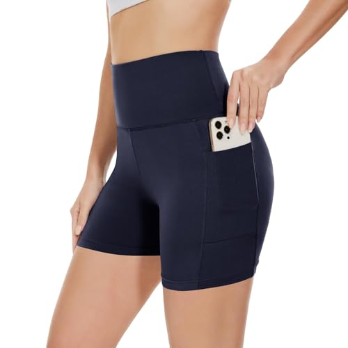 Gayhay Radlerhose Damen Kurze Leggings mit Taschen Sport Shorts Hotpants High Waist Sommerhose Bauchweg Stretchy Blickdicht Dunkelblau,L-XL von Gayhay