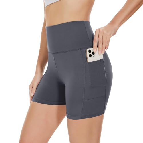 Gayhay Radlerhose Damen Kurze Leggings mit Taschen Sport Shorts Hotpants High Waist Sommerhose Bauchweg Stretchy Blickdicht Dunkelgrau,XXL von Gayhay