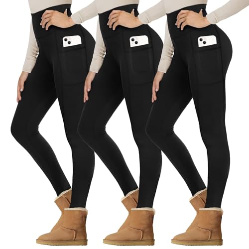 Gayhay Thermo Leggings Damen Winter Mit Taschen, Gefütterte Thermohose High Waist Hose Warm Blickdicht Strumpfhose Für Sport Taschen-Schwarz*3 L/XL von Gayhay