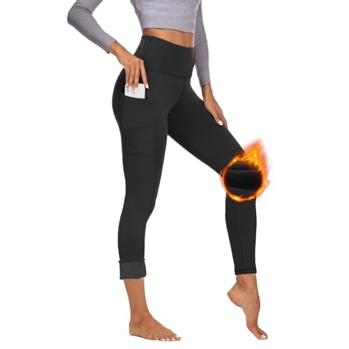 Gayhay Thermo Sport Leggings Damen mit Taschen Gefütterte Winter Sporthose Lang Warme Innenfleece High Waist Laufhose Thermounterwäsche Dicke Outdoor Activewear Schwarze S-M von Gayhay