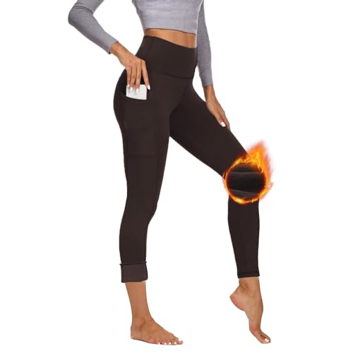 Gayhay Thermo Sport Leggings Damen mit Taschen Gefütterte Winter Sporthose Lang Warme Innenfleece High Waist Laufhose Thermounterwäsche Dicke Outdoor Activewear Braun S-M von Gayhay