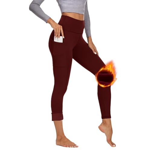 Gayhay Thermo Sport Leggings Damen mit Taschen Gefütterte Winter Sporthose Lang Warme Innenfleece High Waist Laufhose Thermounterwäsche Dicke Outdoor Activewear Rot L-XL von Gayhay