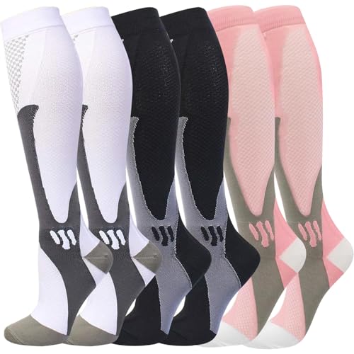 Gcbiger Kompressionssocken (3 Paar) für Männer Zirkulation 20-30mmHg Medizinische Kompressionsstrümpfe Frauen Stillen (Schwarz + Rosa + Weiß, L-XL) von Gcbiger