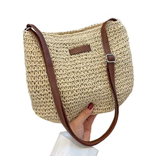 Gcroet Stroh-Strandtasche, Sommer-Strohtasche, Damenmode, geflochten, einzelne Schulter, Crossbody-Tasche, All-Match-Strandtasche, beige von Gcroet