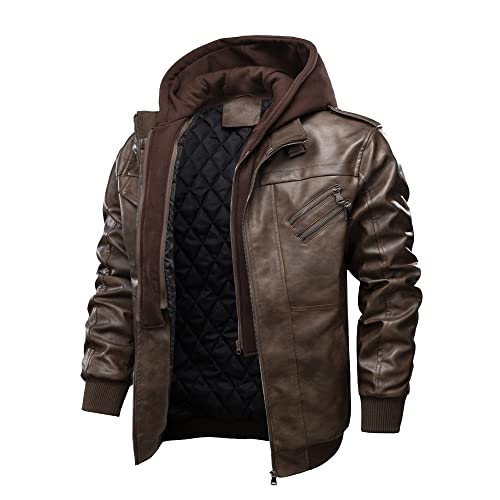 Gcufoyae Herren PU Lederjacke Dicker Mantel Langer Reißverschluss Manschetten Abnehmbare Kapuze Jacke Casual Motorrad Winter Warmer Mantel von Gcufoyae