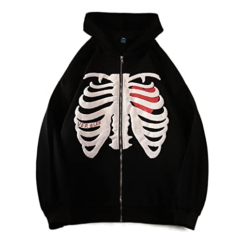 Gcufoyae Skeleton Reißverschlussjacke für Damen Neuheit Skull Y2K Hoodie Langarm-Skelett-Sweatshirt Skelett Jacke von Gcufoyae