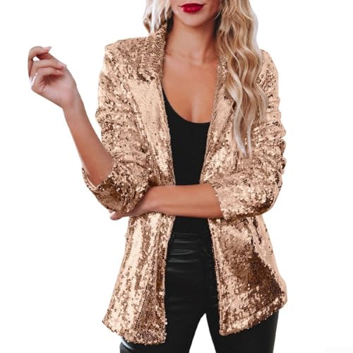 Party Damen Glitzer Pailletten Anzugjacke Glänzend Lose Jacke Party Club Cocktail Party Damen Glitzer Langarm Jacke Freizeitjacke (L Gold) von Gdfnmogo