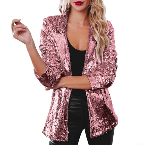 Party Damen Glitzer Pailletten Anzugjacke Glänzend Lose Jacke Party Club Cocktail Party Damen Glitzer Langarm Jacke Freizeitjacke (XXL Rose Rot) von Gdfnmogo