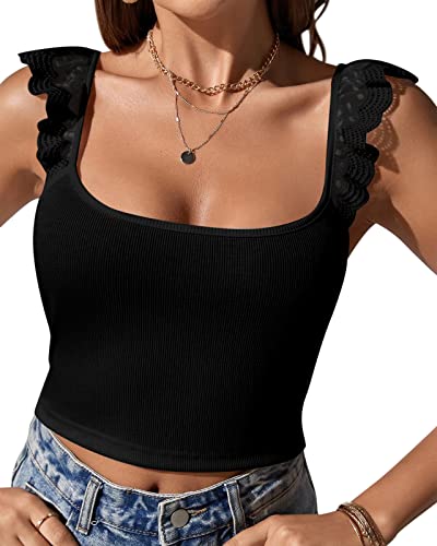 GeGekoko Damen Tops mit Spitze Sommer Crop Top Sexy Ärmellos Oberteil mit Rüschen von GeGekoko