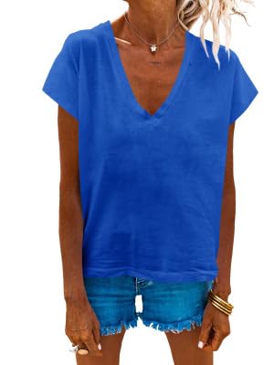 GeGekoko Damen Basic V-Ausschnitt T Shirts Kurzarm Sommer Oberteile Casual Locker Shirts Dunkelblau L von GeGekoko