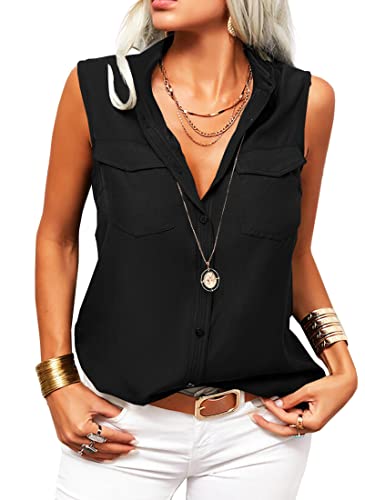GeGekoko Damen Bluse V-Ausschnitt Tank Top Causal Arbeit Oberteile Lässige Elegant Ärmellose Bluse mit Knöpfen Tops Basic Tunika Shirt,Schwarz,S von GeGekoko