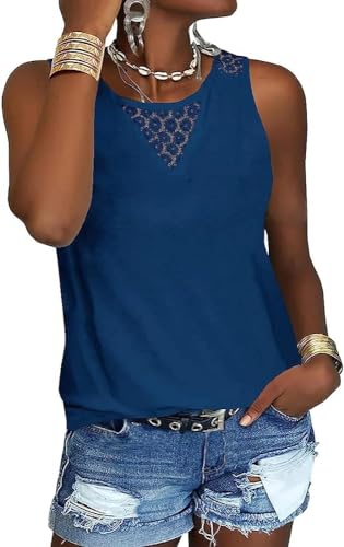 GeGekoko Damen Lace Tank Tops Bluse Sommer Ärmellose Rundhalsausschnitt Casual Spitze Basic Top Dunkelblau M von GeGekoko