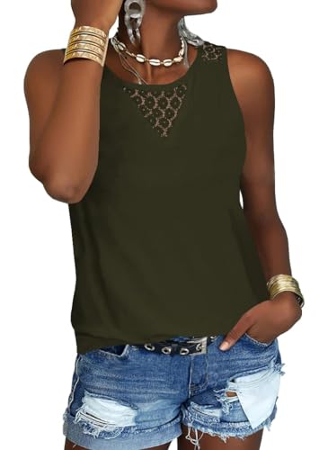 GeGekoko Damen Lace Tank Tops Bluse Sommer Ärmellose Rundhalsausschnitt Casual Spitze Basic Top Military Green S von GeGekoko