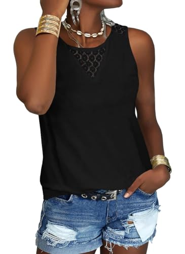 GeGekoko Damen Lace Tank Tops Bluse Sommer Ärmellose Rundhalsausschnitt Casual Spitze Basic Top Schwarz L von GeGekoko