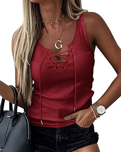 GeGekoko Damen Sexy V-Ausschnitt Tank Shirts Top Ärmellos Casual Basic Rippstrick Tops Mit Kordelzug Weinrot L von GeGekoko