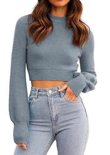 GeGekoko Damen Strickpullover Kurz Sexy Cropped Pullover mit Rundhalsausschnitt Herbst Winter Warmer Langarm Sweatshirt Elegant Kurzer Strickpulli für Frauen von GeGekoko