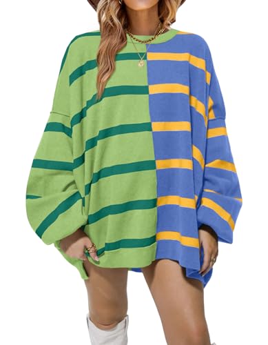 GeGekoko Oversize Pullover Damen Winter Striped Sweatshirts Rundhalsausschnitt Langarm gestrickt Farbe Block Casual Loose Elegant Pulli Sweatshirts für Frauen von GeGekoko