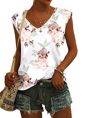 GeGekoko Damen T-Shirt Kurzarm V-Ausschnitt Flügelärmeln Blümchenmuster Oberteile Blusen Sommer Casual Lose Tank Top Basic Mädchen Tops von GeGekoko