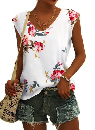 GeGekoko Damen T-Shirt Kurzarm V-Ausschnitt Flügelärmeln Blümchenmuster Oberteile Blusen Sommer Casual Lose Tank Top Basic Mädchen Tops von GeGekoko