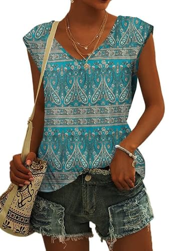 GeGekoko Damen T-Shirt Kurzarm V-Ausschnitt Flügelärmeln Blümchenmuster Oberteile Blusen Sommer Casual Lose Tank Top Basic Mädchen Tops Blütenfarbe 4 S von GeGekoko