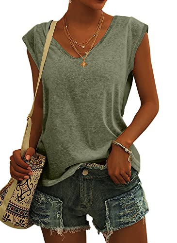 GeGekoko Damen T-Shirt Kurzarm V-Ausschnitt Flügelärmeln Oberteile Blusen Sommer Casual Lose Tank Top Basic Mädchen Tops Armeegrün L von GeGekoko