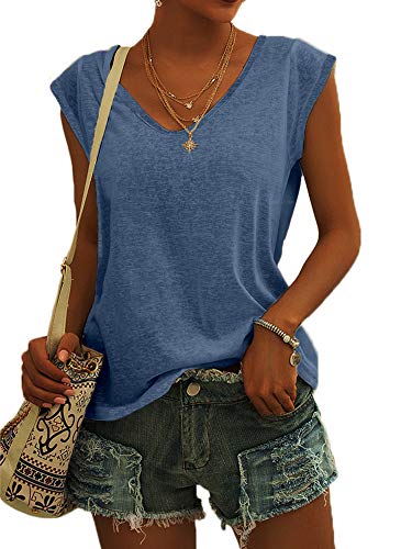 GeGekoko Damen T-Shirt Kurzarm V-Ausschnitt Flügelärmeln Oberteile Blusen Sommer Casual Lose Tank Top Basic Mädchen Tops Blau XXL von GeGekoko