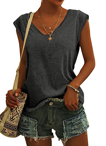 GeGekoko Damen T-Shirt Kurzarm V-Ausschnitt Flügelärmeln Oberteile Blusen Sommer Casual Lose Tank Top Basic Mädchen Tops Dunkelgrau XL von GeGekoko