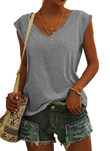 GeGekoko Damen T-Shirt Kurzarm V-Ausschnitt Flügelärmeln Oberteile Blusen Sommer Casual Lose Tank Top Basic Mädchen Tops Grau XXL von GeGekoko