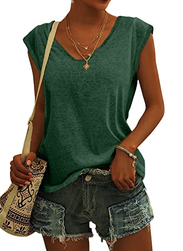 GeGekoko Damen T-Shirt Kurzarm V-Ausschnitt Flügelärmeln Oberteile Blusen Sommer Casual Lose Tank Top Basic Mädchen Tops Grün S von GeGekoko