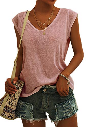 GeGekoko Damen T-Shirt Kurzarm V-Ausschnitt Flügelärmeln Oberteile Blusen Sommer Casual Lose Tank Top Basic Mädchen Tops Pink L von GeGekoko