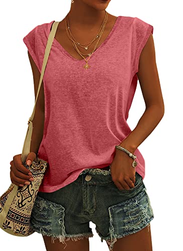 GeGekoko Damen T-Shirt Kurzarm V-Ausschnitt Flügelärmeln Oberteile Blusen Sommer Casual Lose Tank Top Basic Mädchen Tops Rot L von GeGekoko