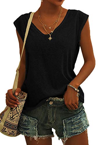 GeGekoko Damen T-Shirt Kurzarm V-Ausschnitt Flügelärmeln Oberteile Blusen Sommer Casual Lose Tank Top Basic Mädchen Tops Schwarz XL von GeGekoko