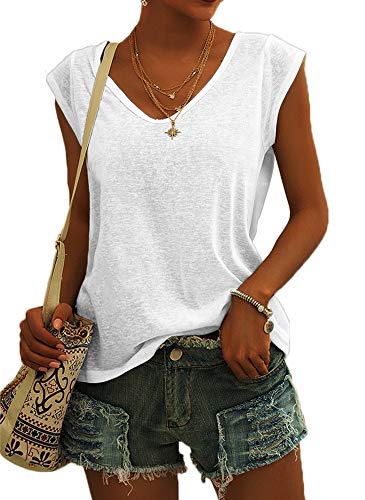 GeGekoko Damen T-Shirt Kurzarm V-Ausschnitt Flügelärmeln Oberteile Blusen Sommer Casual Lose Tank Top Basic Mädchen Tops Weiss L von GeGekoko