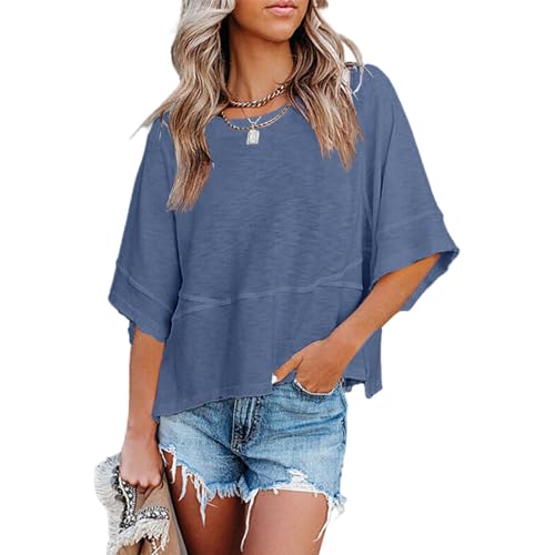 GeGekoko Damen T-Shirt Sommer Kurzarm Rundhals Shirt 1/2 Arm Fledermausärmel Oberteil Casual Lose, Marineblau, S von GeGekoko