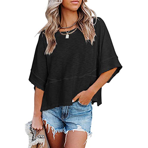 GeGekoko Damen T-Shirt Sommer Kurzarm Rundhals Shirt 1/2 Arm Fledermausärmel Oberteil Casual Lose, Schwarz, L von GeGekoko