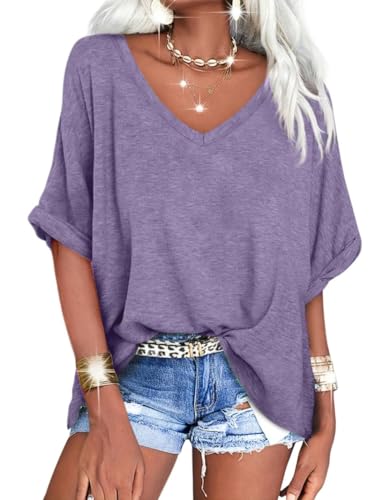 GeGekoko Damen T-Shirt Sommer Kurzarm V-Ausschnitt Oversized Oberteil Locker Frauen Casual Lose Tops Elegant Bluse,Violett(033),XXL von GeGekoko