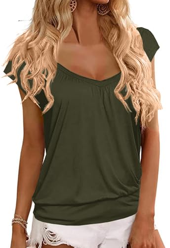 GeGekoko Damen T-Shirt V-Ausschnitt Kurzarm Oberteil Lose Banded Bottom Shirt Sommer Plissee Tops (Armeegrün, S) von GeGekoko