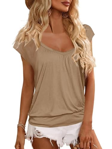 GeGekoko Damen T-Shirt V-Ausschnitt Kurzarm Oberteil Lose Banded Bottom Shirt Sommer Plissee Tops (Khaki, S) von GeGekoko