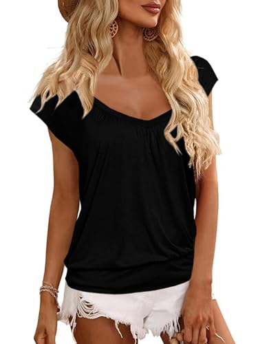 GeGekoko Damen T-Shirt V-Ausschnitt Kurzarm Oberteil Lose Banded Bottom Shirt Sommer Plissee Tops (Schwarz, XL) von GeGekoko