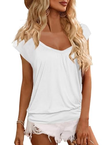 GeGekoko Damen T-Shirt V-Ausschnitt Kurzarm Oberteil Lose Banded Bottom Shirt Sommer Plissee Tops (Weiß, XL) von GeGekoko