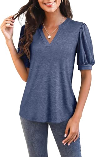 GeGekoko Damen T Shirts Kurzarm Mit V-Ausschnitt Casual Puff Sleeve Oberteile Locker Blusen Sommer Basic Tops Kohlegrau L von GeGekoko