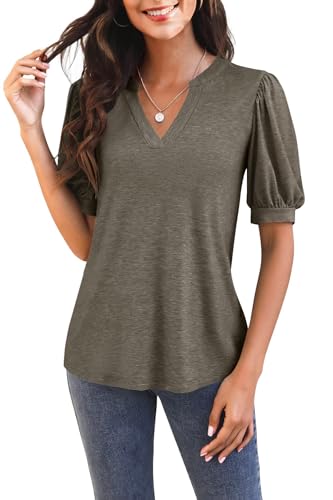 GeGekoko Damen T Shirts Kurzarm Mit V-Ausschnitt Casual Puff Sleeve Oberteile Locker Blusen Sommer Basic Tops Olivgrün M von GeGekoko