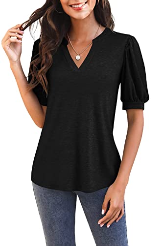 GeGekoko Damen T Shirts Kurzarm Mit V-Ausschnitt Casual Puff Sleeve Oberteile Locker Blusen Sommer Basic Tops Schwarz L von GeGekoko