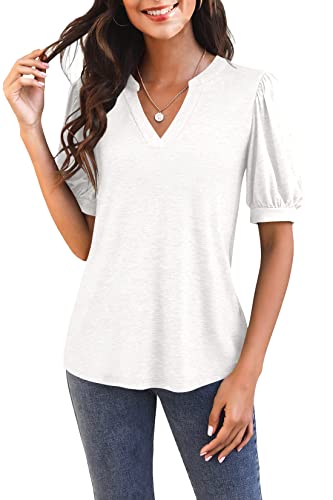 GeGekoko Damen T Shirts Kurzarm Mit V-Ausschnitt Casual Puff Sleeve Oberteile Locker Blusen Sommer Basic Tops Weiß S von GeGekoko