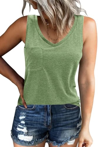 GeGekoko Damen Tank Top Ärmellos V-Ausschnitt Tops Raceback Sommer Oberteil mit Taschen (Armeegrün, L) von GeGekoko