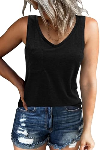 GeGekoko Damen Tank Top Ärmellos V-Ausschnitt Tops Raceback Sommer Oberteil mit Taschen (Schwarz, M) von GeGekoko