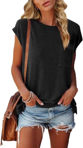 GeGekoko Damen Tops Sommer Flügelärmeln Rundhals T-Shirt mit Taschen Oberteile Einfarbig, Schwarz, S von GeGekoko