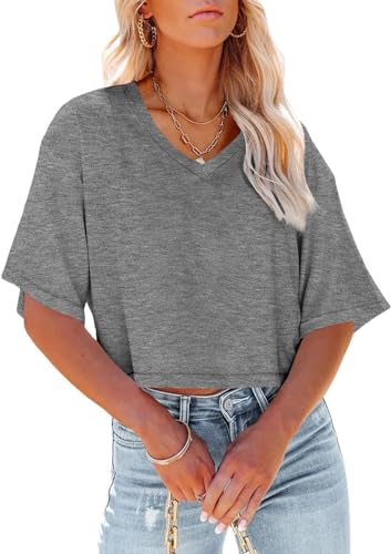 GeGekoko Damen V-Ausschnitt Cropped T Shirts Casual Sommer Crop Tops Halbarm Einfarbige Crop Baisc Tees von GeGekoko